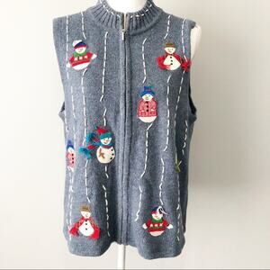 Christmas snowman vintage vest blue wool large grannycore holiday
